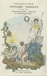 Landskab med to børn Titelside for: Udvalgte moralske fortællinger for civiliseret ungdom, 1828
