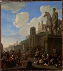 En gadescene med en Capriccio af romerske bygninger