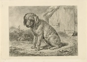 Siddende hund ved en lade