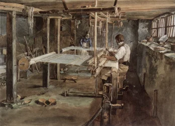 Appenzell væverpar i arbejde på håndvæven, omkring 1830