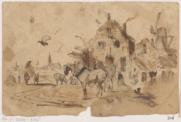 Spændte heste foran et hus
