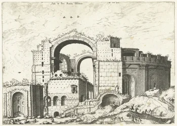 Gezicht op de Sint Pieter i Rom Deformation af Aedis D. Peter Romana (titel på objekt) Romerske ruiner, 1561 (serietitel)