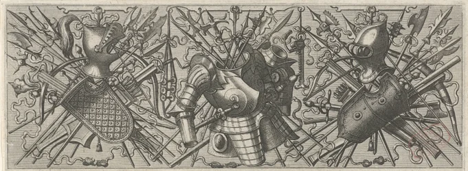 Frise med en hjelm, et skjold og krydsede pindevåben og armbrøster til venstre Panoplia sev armamentarium... (serietitel)