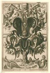 Skallignende ornament, hvori figurer er fængslet. Veelderleij Wisselinghe van grotissen ende Compertimenten (...)Libro Primo (serietitel)