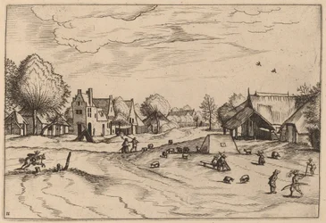 Landsby med får og siddende hyrde
