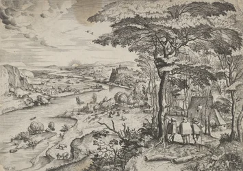 Går til Emmauslandskab med pilgrimme ved Emmaus, ca. 1555-56. Skaber: Johannes van Doetecum I, Lucas van Doetecum.