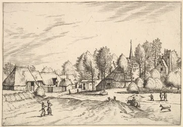Landsby med kirketårn fra Multifariarum casularum landlige funktioner cur..., 1559-61