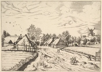 Landsby med postmølle fra Multifariarum casularum curios features..., 1559-61