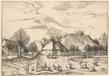 Gårde, kvæg med hyrder og malkepiger i forgrunden fra Multifariarum casularu..., 1559-61.