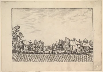 Gårde, pløjet mark i forgrunden fra Praediorum villarum et rusticarum casu..., ca. 1559-61.
