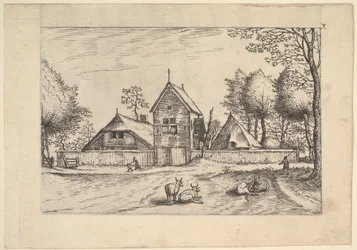 Gård, køer og hyrde i forgrunden fra Praediorum villarum et rusticar..., ca. 1559-61.