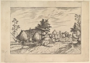 Landsbygade, hø stablet foran en gård fra Praediorum villarum et rusticar..., ca. 1559-61.