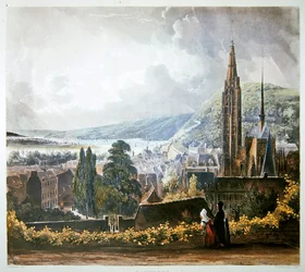 Caudebec, fra "Views on the Seine", graveret af Thomas Sutherland (f.1785), udgivet af R. Ackermann (1764-1834) 1821 (farvelitografi)