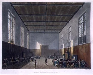 Great School Room of Rugby, fra "History of Rugby School", en del af "History of the Colleges", graveret af Daniel Havell (1785-1826), udgivet af R. Ackermann.