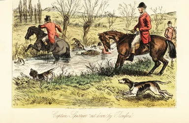 Engelsk jæger, der rejser en flod med rævehunde