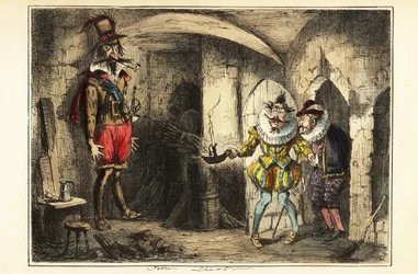 Guy Fawkes, lederen af Krudtsammensværgelsen, pågrebet i kælderen under Westminster-paladset den 5. november 1604