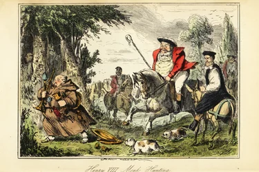 Kong Henrik VIII i victoriansk jagtdragt med en hyrdeskurk på hesteryg, der jagter en katolsk munk, der flygter med kirkeguldet