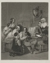 The Family of Cromwell interceding for The Life of Charles I, tryk lavet af Alfred Johannot (mezzotint)