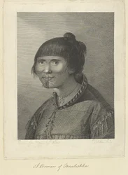 En kvinde fra Oonalashka. Tegnet fra naturen af J. Webber og indgraveret af Jean-Marie Delatre. Tegning af hoved og skuldre af en kvinde, der ser trekvart til venstre. Hun er iført en tætsiddende sælskindsfrakke, fra hvis sømme hænger vedhængperler. Han