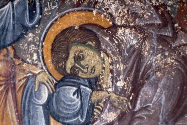 Helgenfigur, af Ioannis Pagomenos, detalje af fresko i den byzantinske kirke St George, Anidri, Kreta, Grækenland (foto)