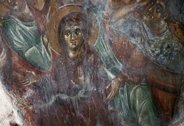Fresko af helgen i den byzantinske kirke i Ayios Stephanos, Drakona, Kreta, Grækenland (foto)