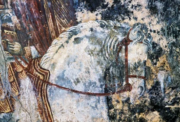 Hest, beskadiget freskomaleri på loftet i kirken Agios Vasileios, Vavouledo, Kreta, Grækenland (foto)