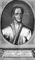 Portræt af Lucilio Vanini, kendt som Giulio Cesare Vanini (1585-1619), italiensk filosof, læge og fritænker, som var en af de første betydningsfulde repræsentanter for intellektuel libertinisme, gravering