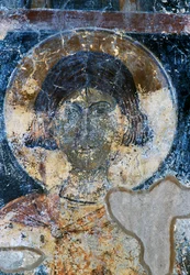 Saint, fresko af Ioannis Pagomenos i St Nicholas Chapel, Maza, Kreta, Grækenland (foto)