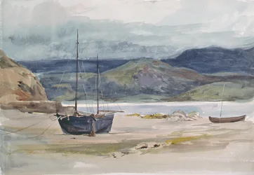 Bakket kystscene med både, 1800-tallet