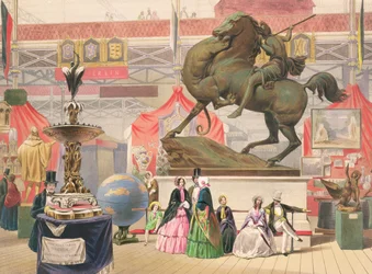 Udsigt over Crystal Palaces østskib med skulptur (Amazonen) (farvet litho)