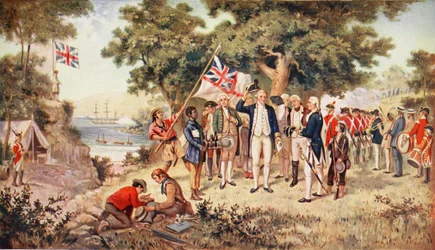 Kaptajn Cooks overtagelse af New South Wales, 1770, illustration fra »Hutchinsons historie om den britiske nation«, ca. 1923