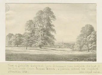 Lichfield Cathedral - Udsigt fra Aldershaw (fjern): sepia-tegning