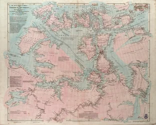 Amerikas arktiske kyster fra Baffin Bay til Cape Bathurst, med angivelse af de kyster og floder, der blev udforsket af officererne på de forskellige britiske ekspeditioner mellem 1818 og 1859.