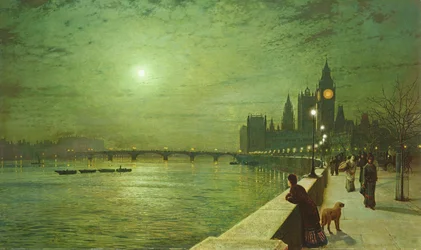 Refleksioner af lys på Themsen ved Westminster