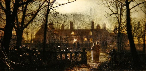 Månebelyst scene med to figurer (olie på panel)