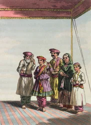 En pige danser Kuharwa, fra "A Mahratta Camp", 1813 (farvestik)