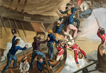 Britiske sømænd om bord på en krigsmand, graveret af Fry og Sutherland, fra "Historic, Military and Naval Anecdotes", udgivet af Edward Orme (1774-c.1820) 1815 (akvaratint)
