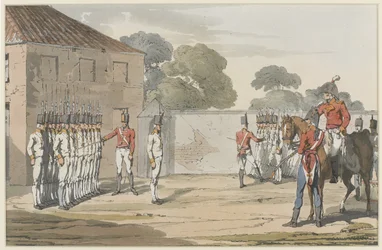 Soldiers Drilling, 1807 (farvet akvatint med blød jordætsning)