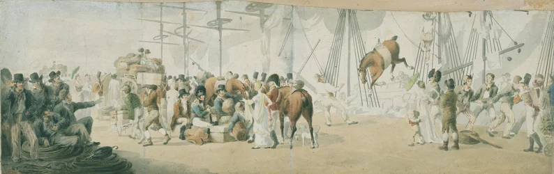 Indkvartering af tropper og heste i Margate (England), omkring 1800. Akvarel (17,8x54 cm) af John Augustus Atkinson (1775-1833), begyndelsen af det 19. århundrede.