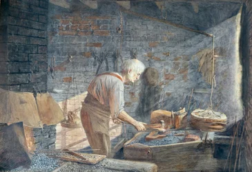 En smed arbejder i sin smedje (akvarel)