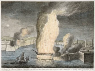 The Burning of the American Fregate [sic] Philadelphia i Tripoli havn, 1805 (håndkoloreret streggravering på lagt papir)