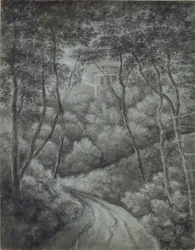 Landskab med en sti gennem en skov og et klassisk tempel (blød grafit og hvidt kridt på blåt papir)