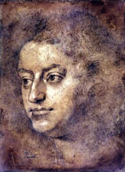 Portræt af Henry Purcell (1659 - 1695), engelsk komponist. Maleri tilskrevet Sir John Closterman. Sort kridt. 1695. London, National Portrait Gallery.