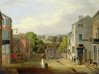 Gadescene i Chorley, Lancashire, med udsigt over Chorley Hall, ca. 1790-1817