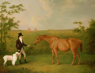 En gentleman med en hvid hund og en kastanjehoppe i et landskab (olie på lærred)