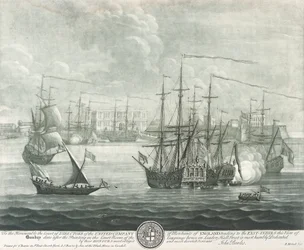 Udsigt over Bombay (Indien), dedikeret til direktøren for British East India Company. Gravering af John Bowles ()