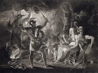Macbeth, de tre hekse og Hekate i akt IV, scene I af «Macbeth» af William Shakespeare (1564-1616), udgivet 1805