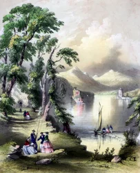 Lake of Killarney med ruinerne af Innisfallen Abbey, Irland, 1800-tallet.