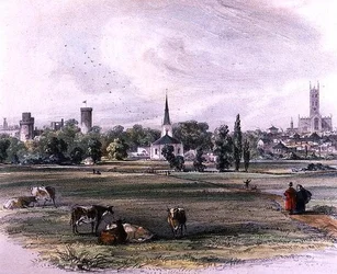 Warwick, fra St Nicholas Meadow (farvet blyant på papir)