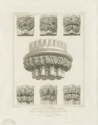 Interiør af Lichfield Cathedral - Klyngesøjle i kapitelhus og beslag i Lady Chapel: gravering, nd [c 1819] (tryk)